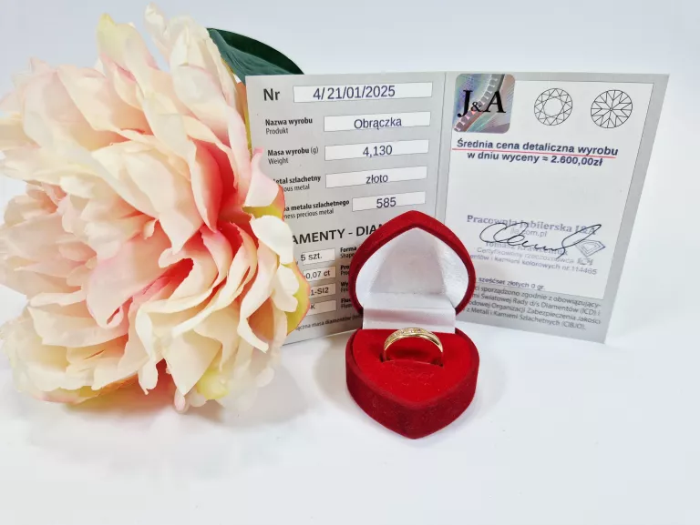 ŚLICZNA ZŁOTA OBRĄCZKA Z BRYLANTAMI | CERTYFIKAT | R16 | P585 | W:4,13G