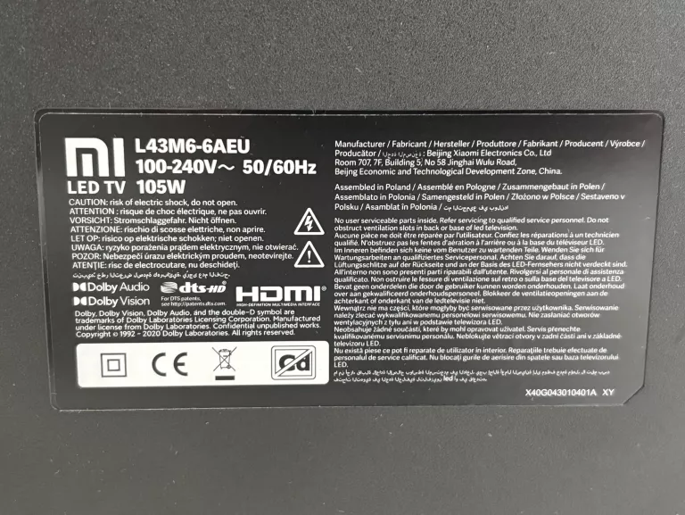 TELEWIZOR XIAOMI P1 L43M6-6AEU 43" LED UHD 4K ANDROID TV DOLBY VISION