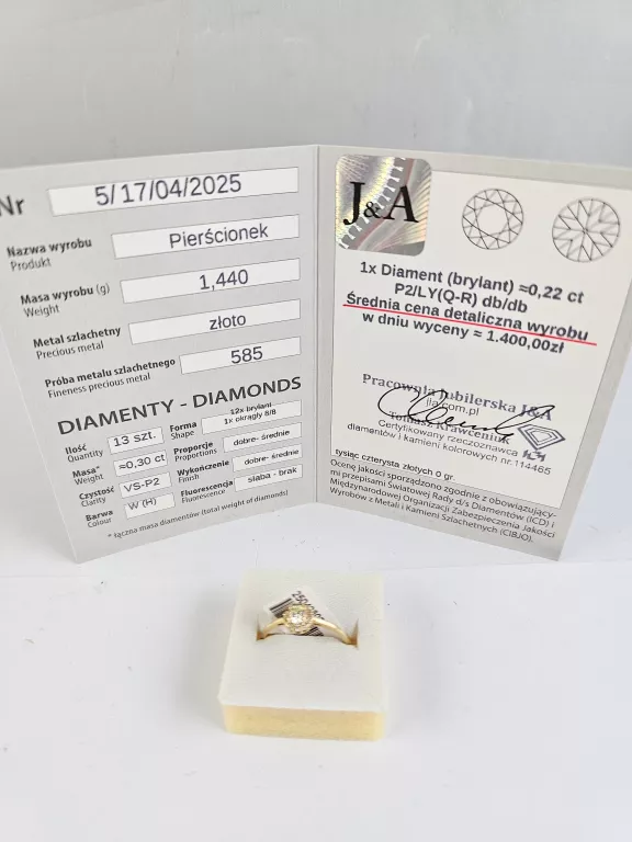 WYRÓB JUBILERSKI UŻYWANY ZŁOTY PIERŚCIONEK 1,44G 585 DIAMENT 0,22CT