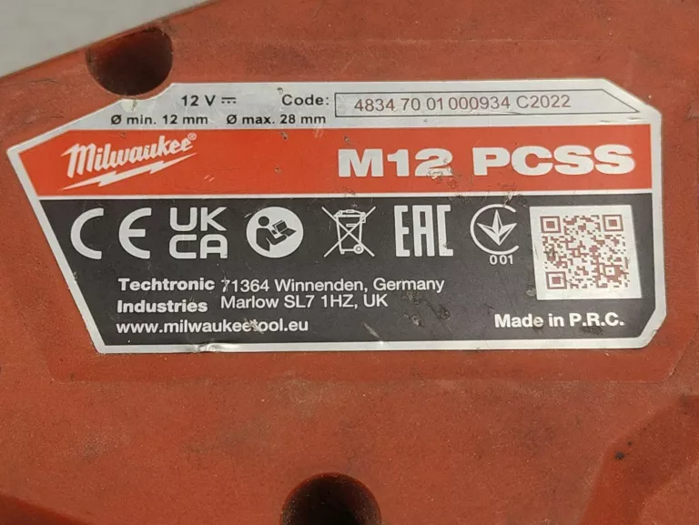 BEZPRZEWODOWA PRZECINARKA DO RUR MILWAUKEE 12V M12 PCSS
