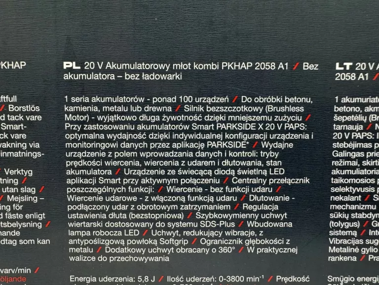 AKUMULATOROWY MŁOT KOMBI PKHAP 2058 A1 PARKSIDE PERFORMANCE MŁOTOWIERTARKA