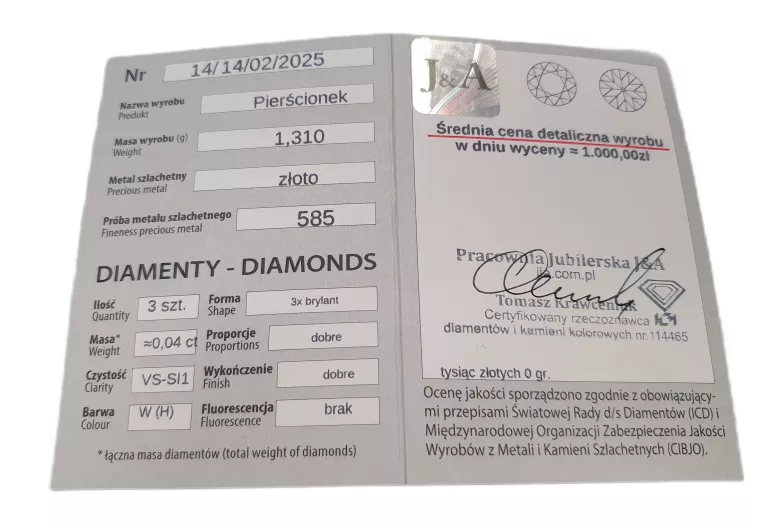 ZŁOTY PIERŚCIONEK Z BRYLANTAMI P.585  1,31 GR  R.14
