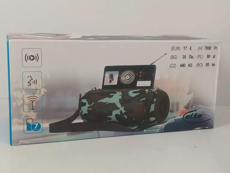 GŁOŚNIK MOBILNY BEZPRZEWODOWY BLUETOOTH Z RADIO BASS PASKIEM NA RAMIE MORO
