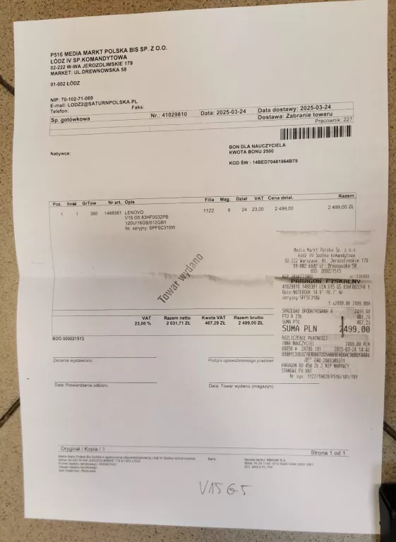 LAPTOP LENOVO V15 G5 IRL KPL PARAGON GWARANCJA