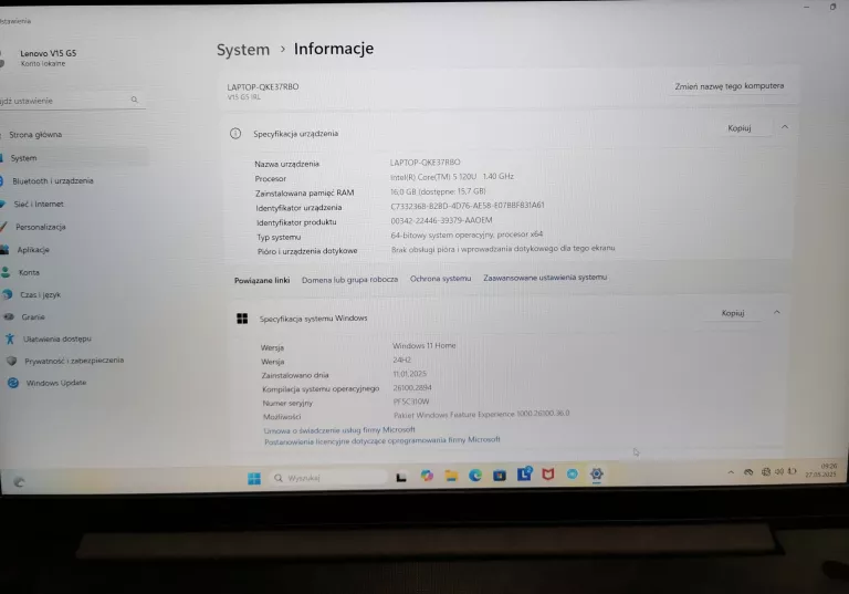 LAPTOP LENOVO V15 G5 IRL KPL PARAGON GWARANCJA