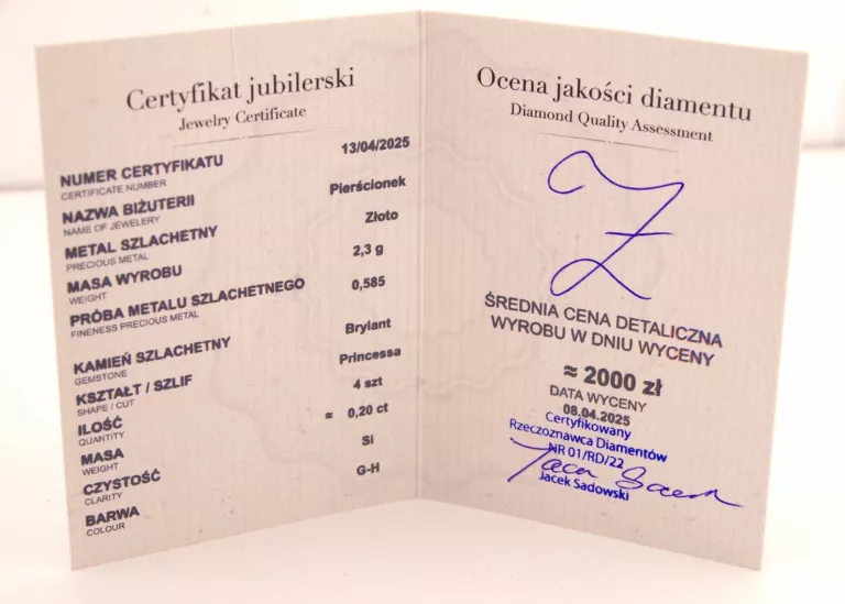 NIEZWYKŁY ZŁOTY PIERŚCIONEK PRÓBA 585 2,30G 4 BRYLANTY 0,20CT + WYCENA