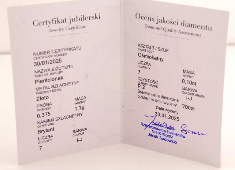 ZDUMIEWAJĄCY ZŁOTY PIERŚCIONEK PRÓBA 375 1,71G Z BRYLANTAMI + CERTYFIKAT