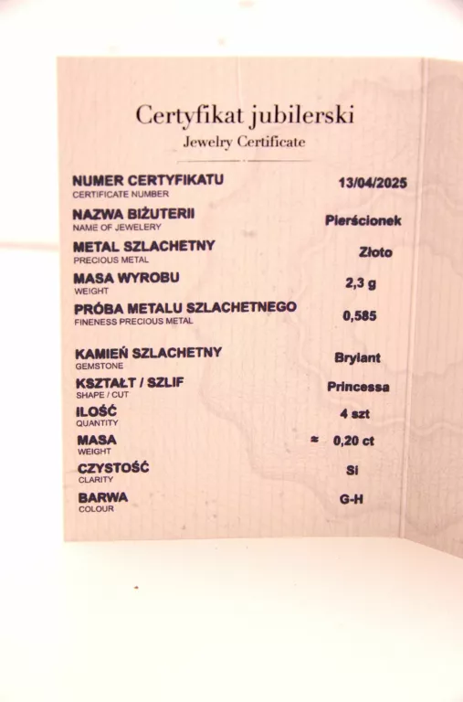 NIEZWYKŁY ZŁOTY PIERŚCIONEK PRÓBA 585 2,30G 4 BRYLANTY 0,20CT + WYCENA