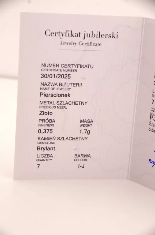 ZDUMIEWAJĄCY ZŁOTY PIERŚCIONEK PRÓBA 375 1,71G Z BRYLANTAMI + CERTYFIKAT
