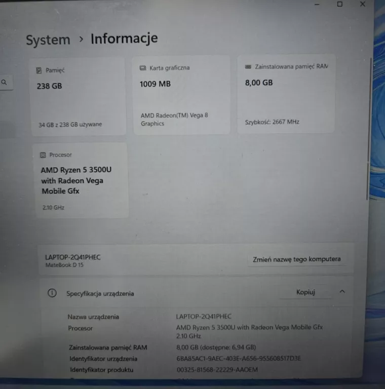 LAPTOP HUAWEI D15 8/256GB RYZEN 5 3500 RADEON VEGA 8 WIN11