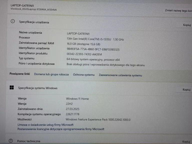 LAPTOP ASUS VIVOBOOK 15 15,6 " A1504V INTEL CORE I5 16 GB / 512 GB NEW!