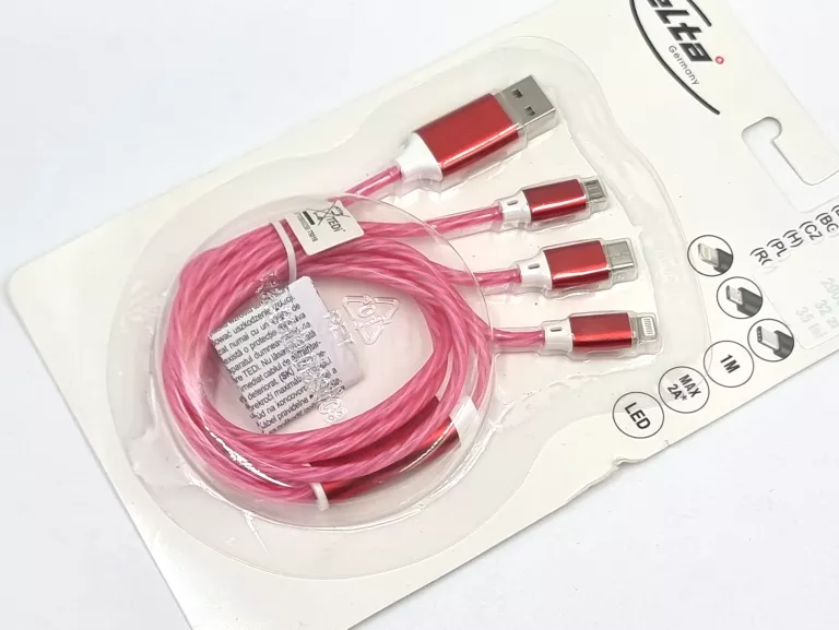 KABEL ELTA 3W1 MICROUSB USB-C LIGHTNING IPHONE 1M CZERWONY