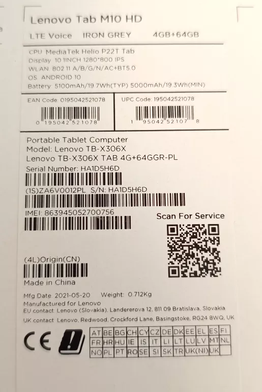 TABLET LENOVO TAB M10 HD 4/64GB LTE + ETUI/PUDEŁKO