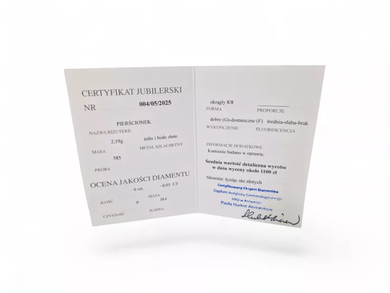 ZŁOTY PIERŚCIONEK Z DIAMENTAMI 0,03CT 585 R12 BRYLANTY CERTYFIKAT