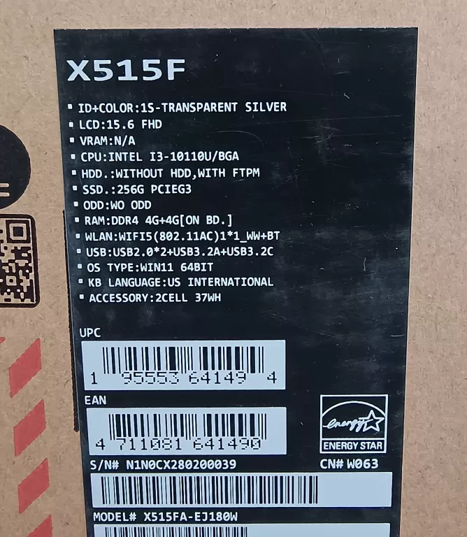 LAPTOP ASUS X515F I3-10110U 256GB SSD 8GB DDR4 KARTON