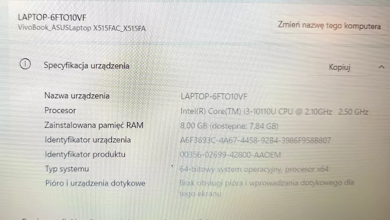 LAPTOP ASUS X515F I3-10110U 256GB SSD 8GB DDR4 KARTON