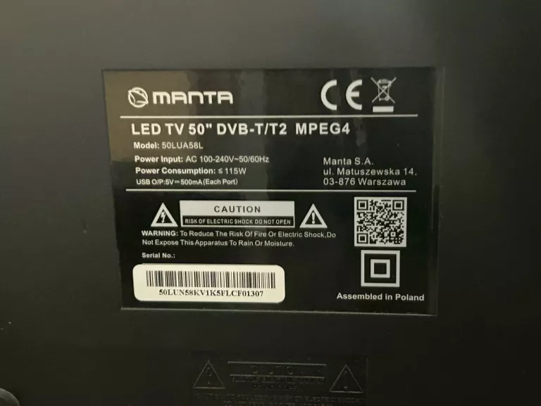 TELEWIZOR LED MANTA 50LUN58K 50 CALI 4K UHD KOMPLET SPRAWNY