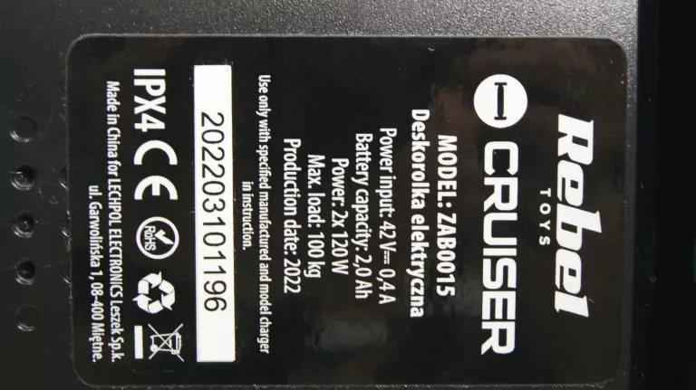 DESKOROLKA ELEKTRYCZNA REBEL CRUISER CARBON ZAB0015 KOMPLET