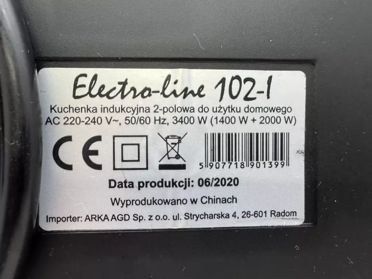 ELEKTRYCZNA PŁYTA INDUKCYJNA DWUPALNIKOWA ELECTRO-LINE 102-I 1400W + 2000W