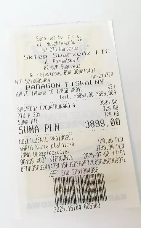 TELEFON IPHONE 16 128GB NIEBIESKI BAT.100% UBEZPIECZENIE DO 2030R !