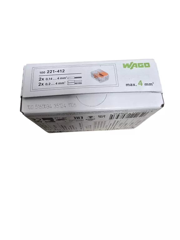 WAGO SZYBKOZŁĄCZKA ZŁĄCZKA UNIWERSALNA DRUT/LINKA 2X0,2-4MM2 221-412 100SZ