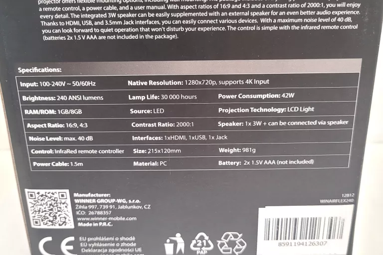 PROJEKTOR WG AIRFLEX 240 + ANDROID TV STICK