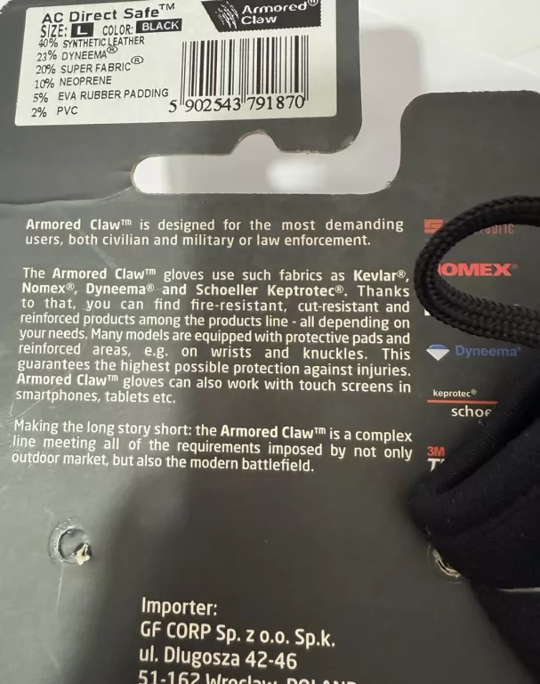 RĘKAWICE TAKTYCZNE ANTYPRZEKŁUCIOWE ARMORED CLAW SIZE L DIRECT SAFE