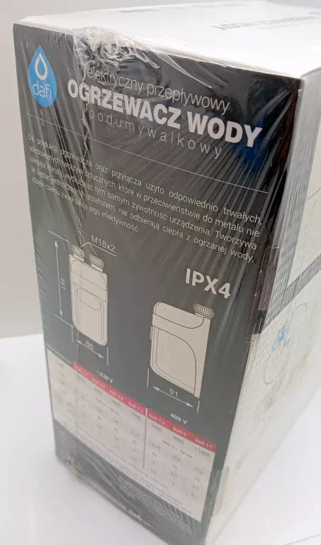 PRZEPŁYWOWY OGRZEWACZ WODY PODGRZEWACZ DAFI 3,7 KW FOLIA