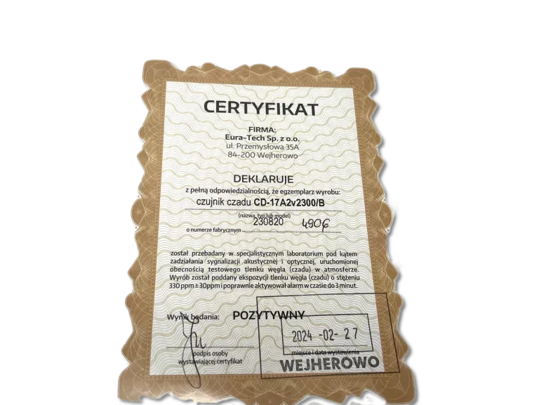 CZUJNIK CZADU EL HOME SAFETY SOLUTION CD-17A2V2300 CERTYFIKAT