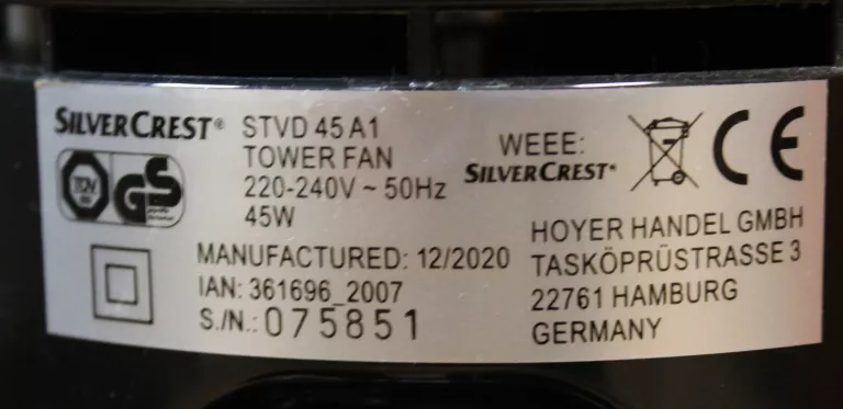 WENTYLATOR KOLUMNOWY SILVERCREST STVD 45 A1