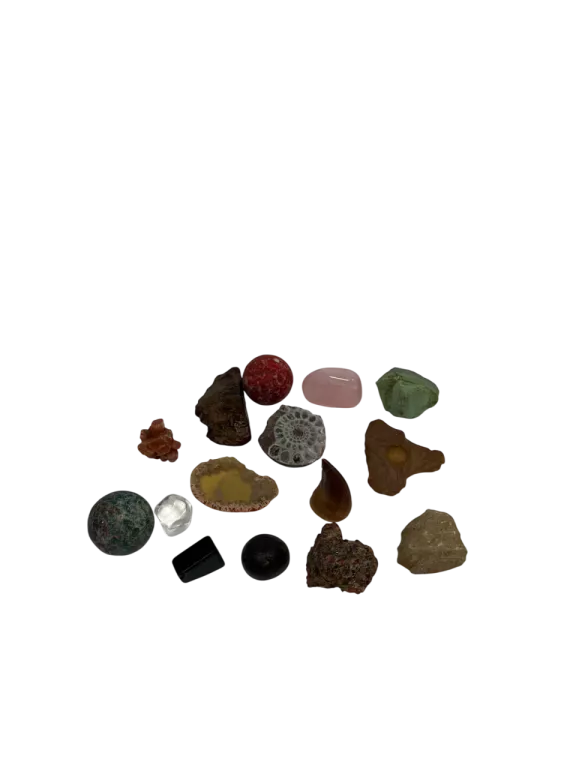 PUDEŁKO Z KAMIENIAMI SZLACHETNYMI, MINERAŁAMI KRZEMIENIEM I ZĘBEM MOZOZAUR