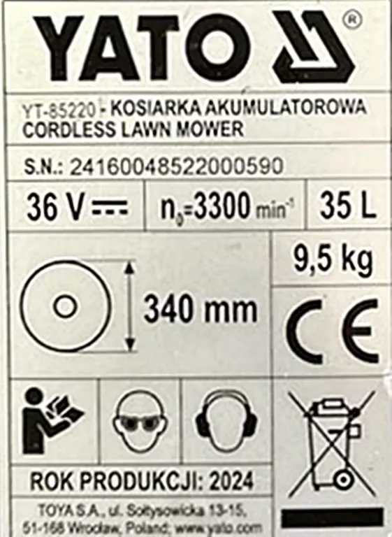 KOSIARKA AKUMULATOROWA YATO YT-85220 ZESTAW NA GWARANCJI