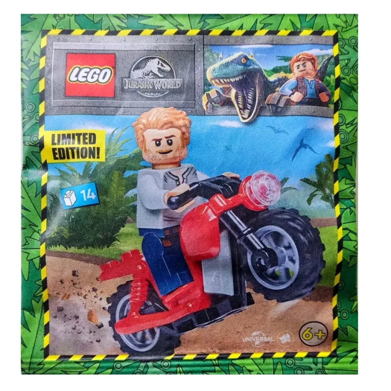 LEGO JURASSIC WORLD FIGURKA OWEN I CZERWONY MOTOCYKL MOTOR SASZETKA 122333