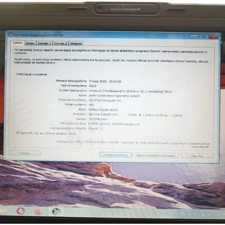 LAPTOP ASUS A6J WIN7 15" NTEL CORE DUO T2400 3GB RAM 120GB HDD + ŁAD -OPIS