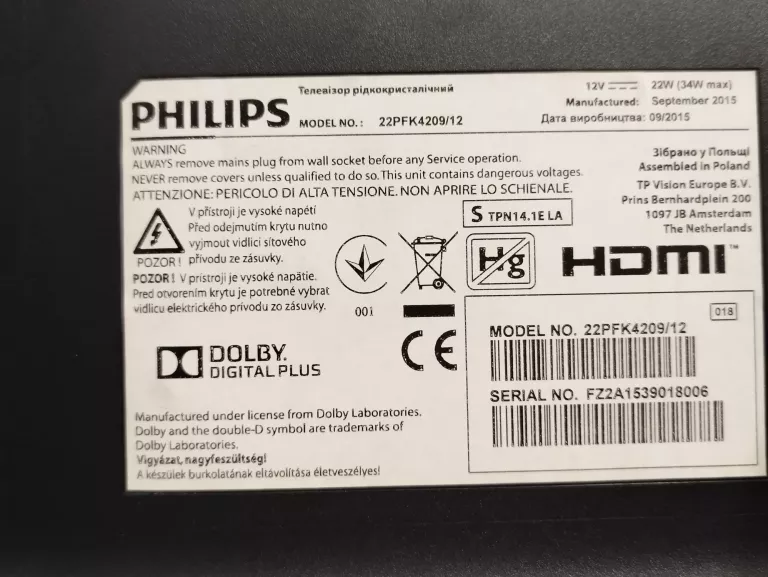 TELEWIZOR PHILIPS 22PFK4209/12 FULL HD 1920X1080PX 100HZ