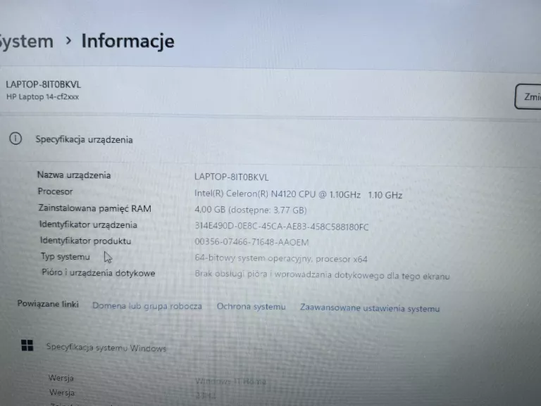 LAPTOP NETBOOK HP HP 14-CF2112WM/64GB/4GB/CELERON 1,10GHZ/WIN11 Z ŁADOWARK