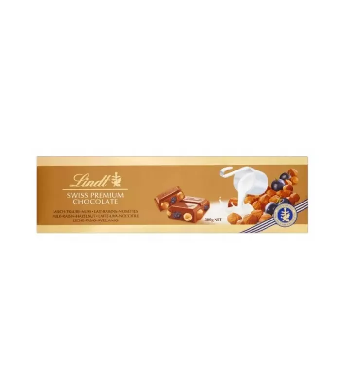 LINDT SWISS CZEKOLADA MLECZNA Z RODZYNKAMI I ORZECHAMI LASKOWYMI 300 G