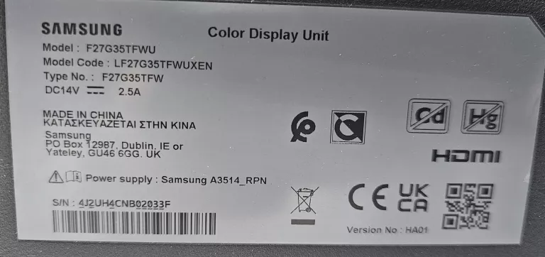 MONITOR SAMSUNG ODYSSEY F27G35TFWU 27" 1920X1080PX 144HZ 1 MS
