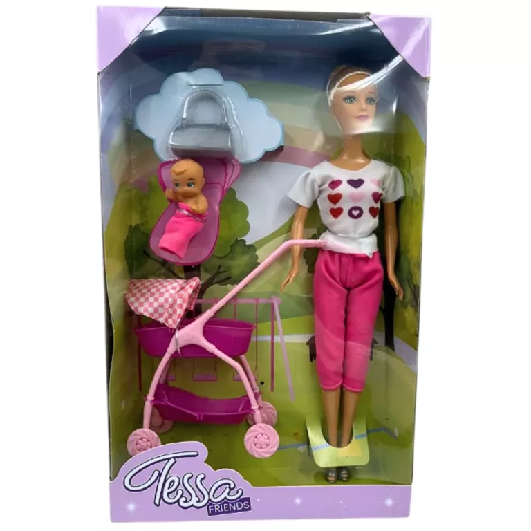 LALKA TESSA FRIENDS Z DZIECKIEM, WÓZKIEM I TORBĄ