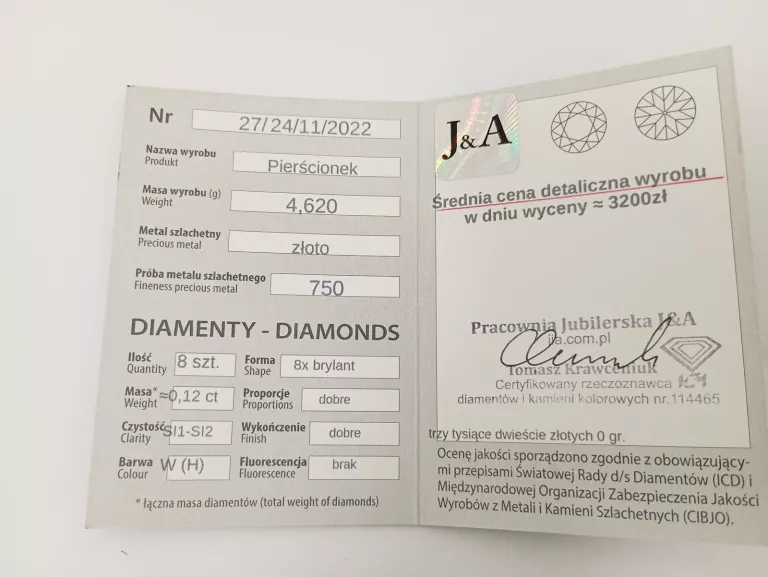 PIERŚCINEK Z BRYLANTEM 750 4,62G 0.12CT 13R OKAZJA