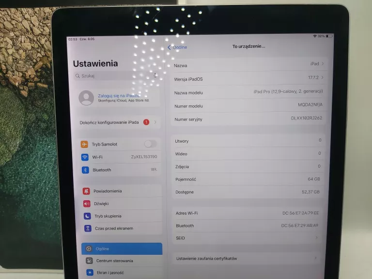 TABLET APPLE IPAD PRO 12.9 64GB WIFI (2ND GEN) 2017 A1670 W PUDEŁKU