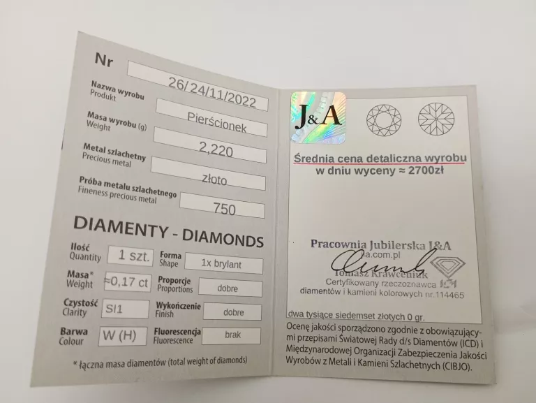 PIERŚCIONEK Z BRYLANTEM 750P 0,17CT 2,22G 13R