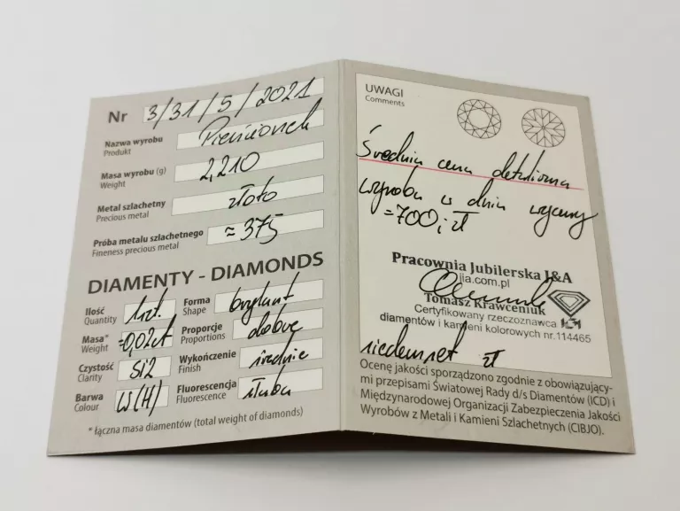 ZŁOTY PIERŚCIONEK Z DIAMENTEM 0,02 CT 2,21G PR.375 ROZ.14