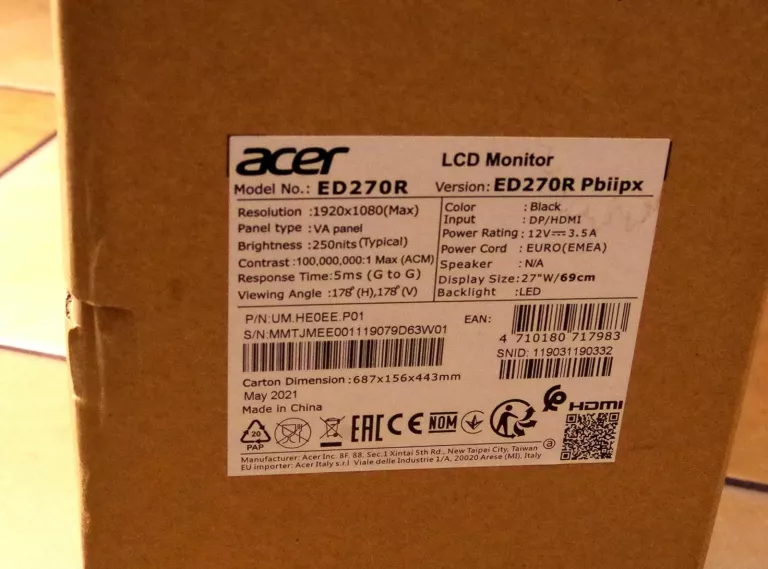 ZAKRZYWIONY MONITOR ACER ED270RPBIIPX ED270R CZARNY 165HZ 27 CALI ZESTAW
