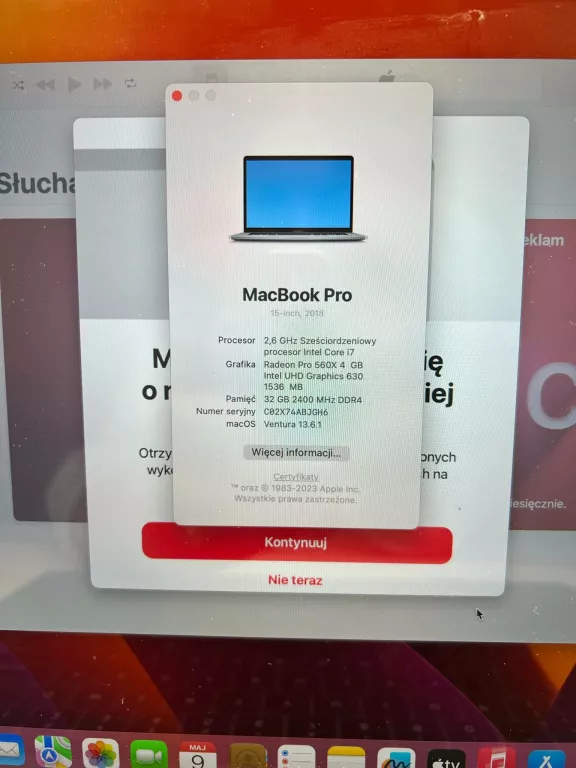 LAPTOP APPLE MACBOOK PRO 15,4 INTEL CORE I7 16 / 512 GB SREBRNY