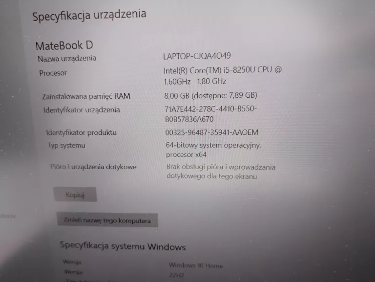 LAPTOP HUAWEI MATEBOOK D I5 8250U 8GB RAM/256GB SSD KOMPLET