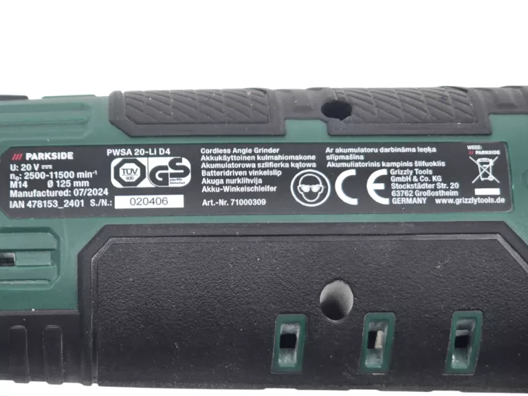 SZLIFIERKA KĄTOWA PARKSIDE PWSA 20-LI D4 125MM 2500-11500RPM 20V
