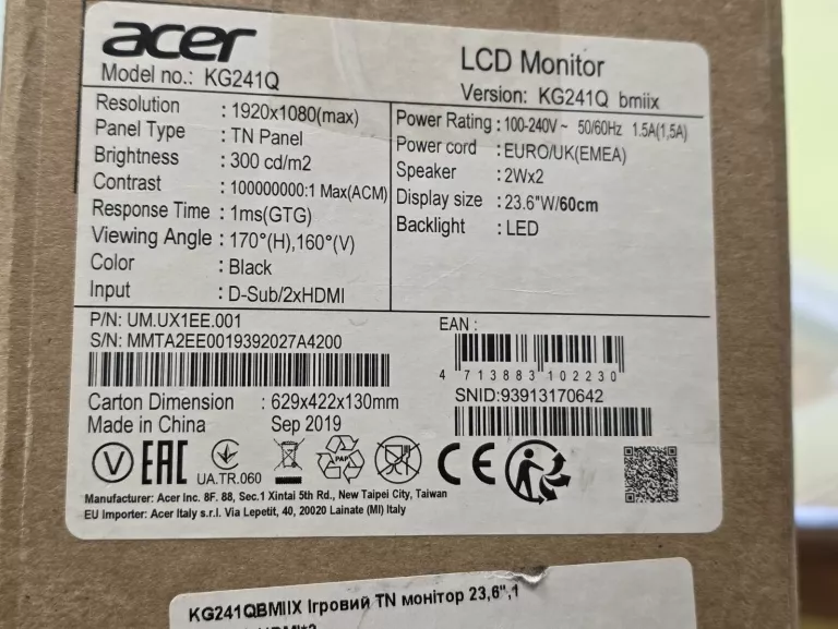 MONITOR ACER KG241QBMIIX 23,6" FULL HD 75 HZ