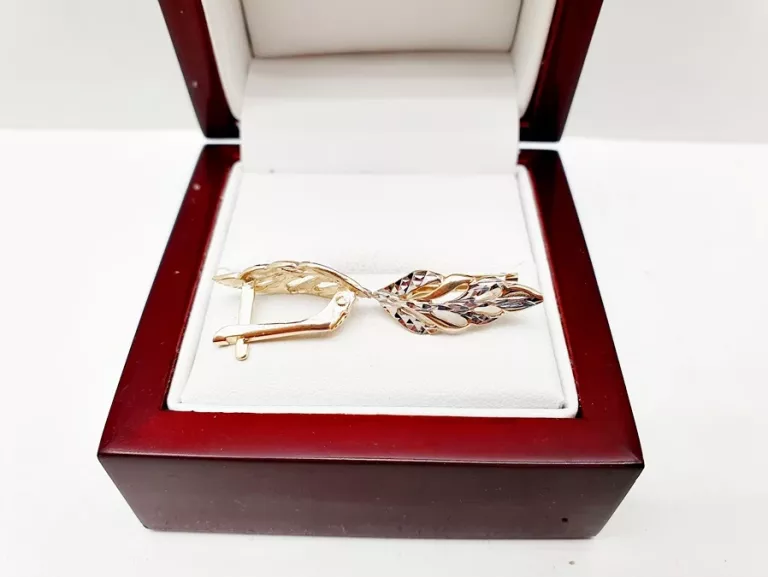CUDNE ELEGANCKIE ZŁOTE KOLCZYKI LISTKI P585 14CT BIAŁE ŻÓŁTE ZŁOTO 2,33G