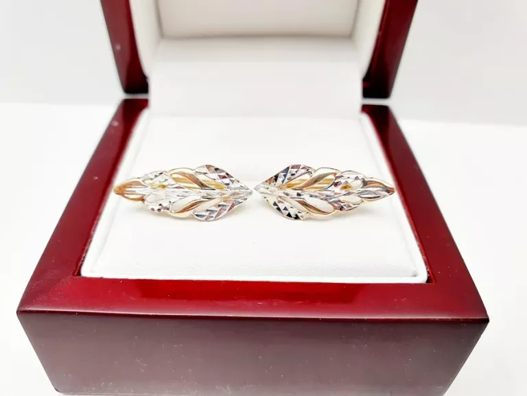 CUDNE ELEGANCKIE ZŁOTE KOLCZYKI LISTKI P585 14CT BIAŁE ŻÓŁTE ZŁOTO 2,33G